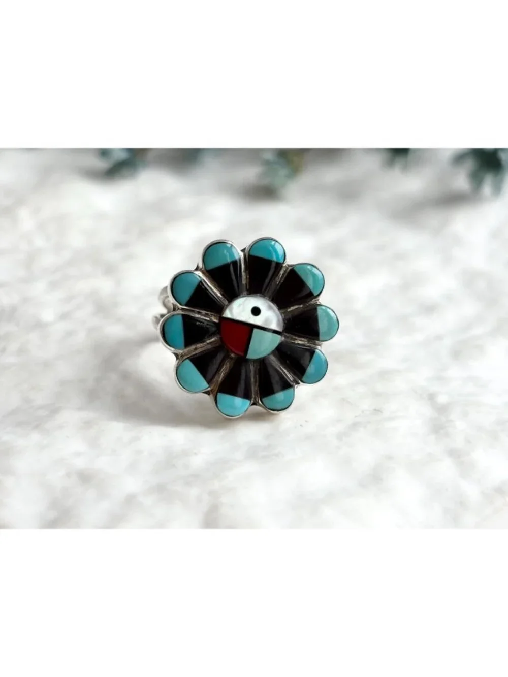 Zuni Sun Face Turquoise, Onyx, MOP & Coral Sterling Silver 925 Vintage Ring sz 6